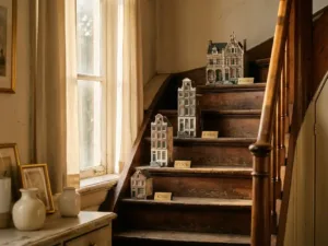 Houten trap met Nederlandse huismodellen die verschillende eigenwoningwaarden tonen, van starterswoning tot gezinswoning