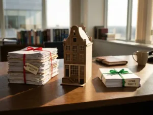 Architectuurmodel van Nederlands huis op houten bureau naast twee stapels documenten die hypotheekschuld en eigen vermogen vertegenwoordigen