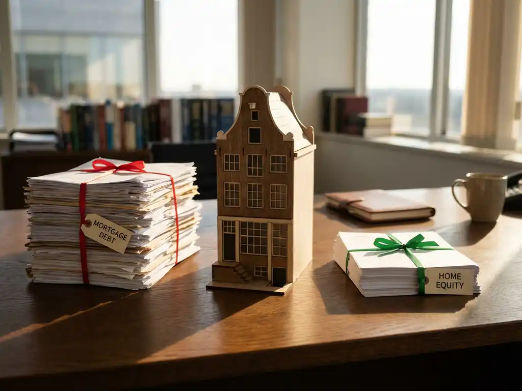 Architectuurmodel van Nederlands huis op houten bureau naast twee stapels documenten die hypotheekschuld en eigen vermogen vertegenwoordigen