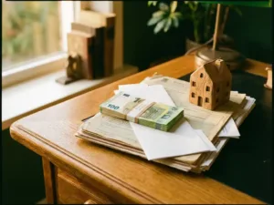 Stapel eurobiljetten op Nederlandse hypotheekdocumenten naast houten huismodel op eiken bureau in warm zonlicht