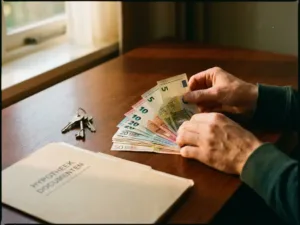 Nederlandse eurobiljetten op houten bureau naast huissleutels en hypotheekdocumenten, handen tellen geld in warm natuurlijk licht