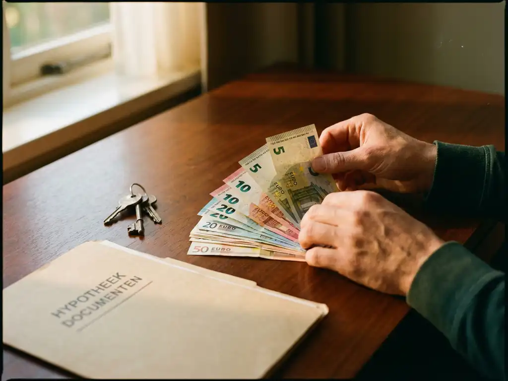 Nederlandse eurobiljetten op houten bureau naast huissleutels en hypotheekdocumenten, handen tellen geld in warm natuurlijk licht