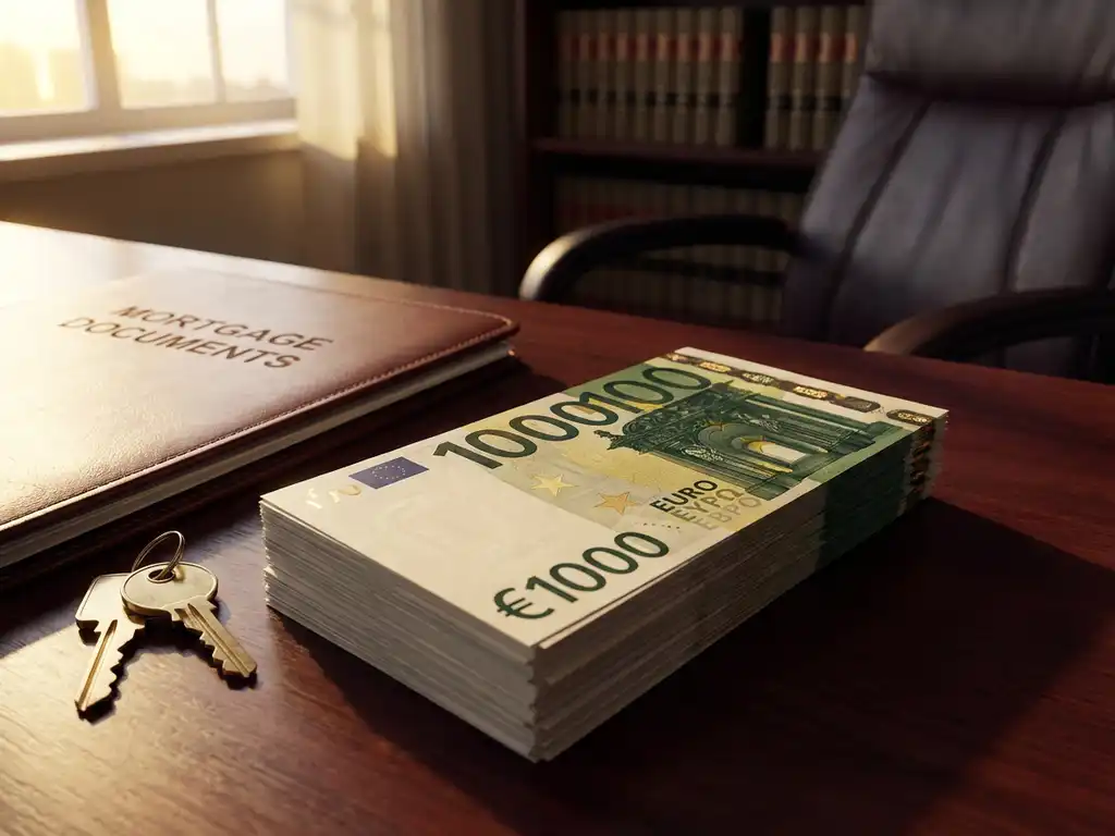Stapel van tien €1000 eurobiljetten op mahoniehout bureau naast huissleutels en hypotheekdocumenten in professioneel kantoor