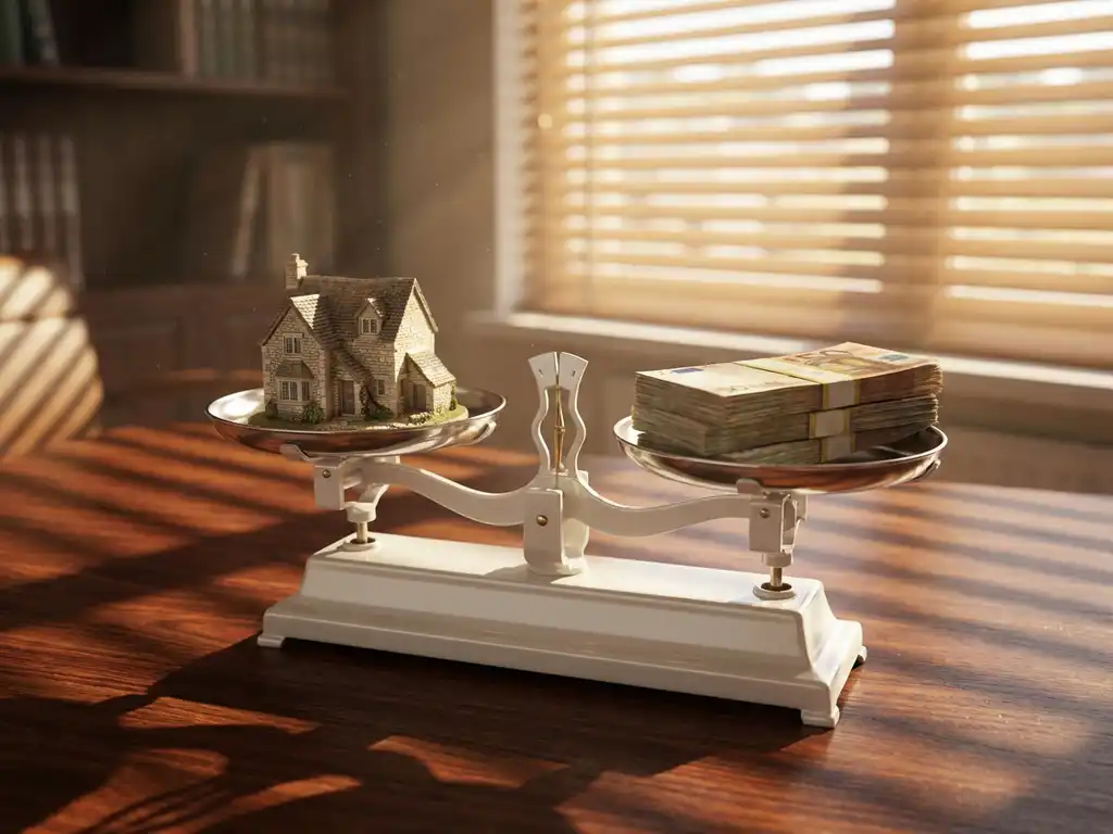 Witte weegschaal op mahonie bureau met miniatuurhuis en gestapelde eurobiljetten in warm zonlicht