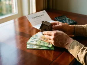 Handen houden houten huismodel boven stapels eurobiljetten op mahonie bureau met hypotheekdocument en rekenmachine