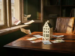 Nederlands huismodel op mahonie bureau met verspreide eurobiljetten die wegwaaien in gouden middaglicht