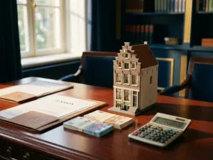 Houten bureau met schaalmodel Nederlands huis, stapels eurobiljetten, pensioenpaperassen en rekenmachine in warm zonlicht