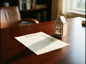 Hypotheekdocument met dalende rentepercentages naast architectuurmodel van modern Nederlands huis op mahonie bureau
