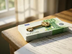 Huissleutel op stapel eurobiljetten met hypotheekdocumenten op eiken bureau in natuurlijk licht