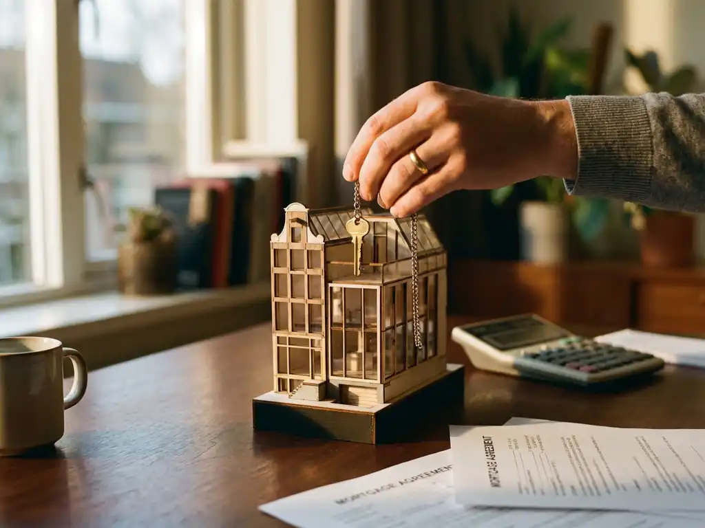 Hand haalt gouden sleutel uit architectuurmodel van modern Nederlands huis op houten bureau met hypotheekdocumenten
