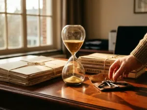Gouden zandloper op mahoniehout bureau naast hypotheekdocumenten en huissleutels in warm middaglicht