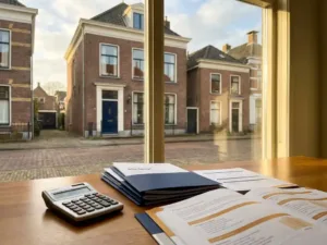 Elegante bakstenen huizen aan Nederlandse woonstraat met rekenmachine en hypotheekdocumenten op houten bureau in gouden namiddaglicht