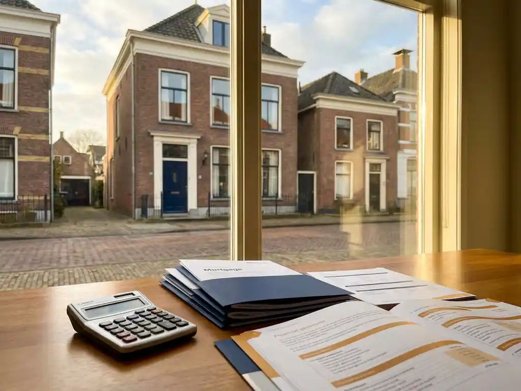 Elegante bakstenen huizen aan Nederlandse woonstraat met rekenmachine en hypotheekdocumenten op houten bureau in gouden namiddaglicht