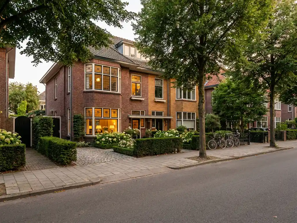 Nederlandse bakstenen woning met grote ramen en verzorgde voortuin in welvarende buurt met volwassen bomen