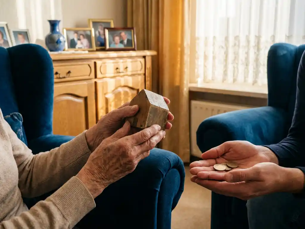 Oudere handen houden houten huisvormig blok vast terwijl jongere handen ondersteunende munten aanbieden in warme Nederlandse woonkamer