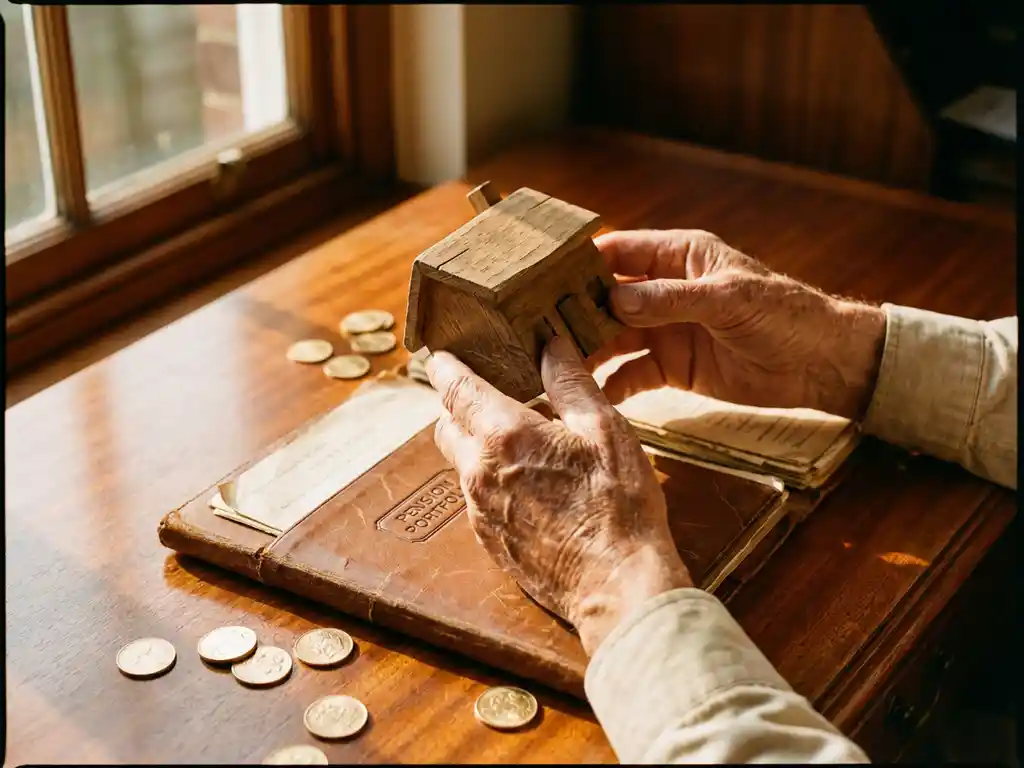 Verweerde handen houden houten huismodel boven pensioenportefeuille met gouden munten op mahonie bureau in warm zonlicht