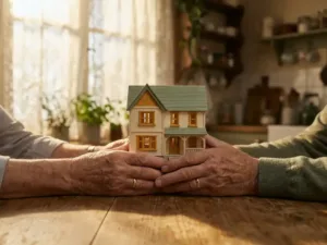 Oudere handen houden voorzichtig architectuurmodel van familiehuis vast op houten keukentafel in ochtendlicht