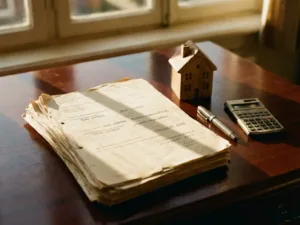 Stapel Nederlandse studieleningdocumenten naast houten huismodel op mahoniehout bureau met rekenmachine en vulpen