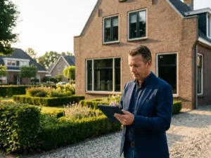 Professionele taxateur met digitale tablet voor elegante Nederlandse woning in warme middaglicht