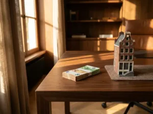 Stapel euro bankbiljetten op houten bureau naast miniatuur Nederlands huis model, warme middagzon creëert zachte schaduwen
