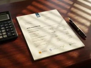 WOZ-taxatiedocument op mahonie bureau naast rekenmachine en vulpen, met zonlicht door jaloezieën