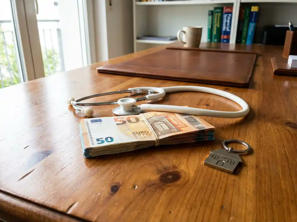 Witte stethoscoop op stapel Nederlandse eurobiljetten met huisvormige sleutelhanger op houten bureau