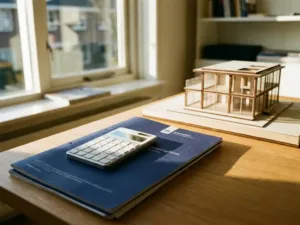 Moderne rekenmachine op Nederlandse belastingdocumenten naast architectuurmodel van hedendaags huis op bureau