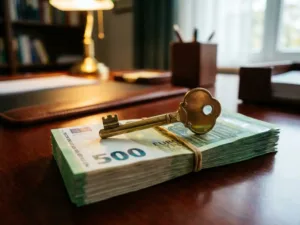 Huissleutel op stapel eurobiljetten op mahonie bureau in financieel adviesbureau