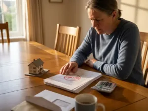 Bezorgde huiseigenaar bekijkt hypotheekdocumenten met rode "AFGEWEZEN" stempel aan houten eettafel, huismodel en rekenmachine ernaast