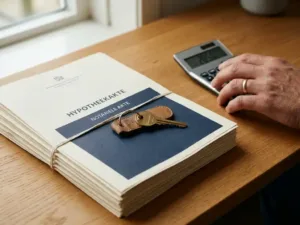 Huissleutel op stapel Nederlandse hypotheekdocumenten met calculator op eiken bureau in natuurlijk licht