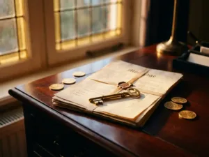 Huissleutel ligt op stapel hypotheekdocumenten met gouden munten op mahonie bureau in warm zonlicht