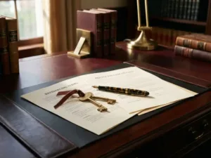 Elegante huissleutels op hypotheekdocumenten met vulpen op mahoniehout bureau in financieel adviseurskantoor