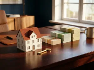 Wit huismodel met gouden sleutel naast stapels eurobankbiljetten op mahonie bureau in warm zonlicht