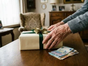 Bejaarde handen plaatsen een ingepakt cadeau naast eurobiljetten op een eiken tafel, warme huiselijke achtergrond.