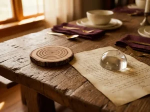 Verweerde eiken eettafel met handgeschreven testament onder glazen presse-papier, warme amberkleurige middaglichtinval.