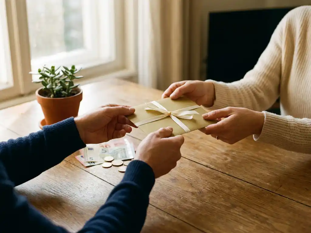 Handen die een envelop overhandigen aan tafel, met eurobiljetten en munten zichtbaar in warm middaglicht.
