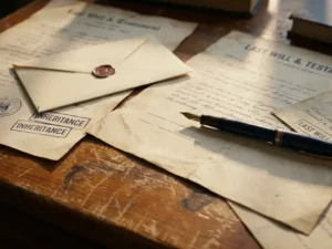 Verweerde houten bureau met officiële erfenisdocumenten, ongeopende envelop en vintage vulpen op een ondertekeningsregel, zacht middaglicht.
