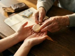 Verouderde handen die een gouden zakhorloge overdragen aan jongere handpalmen, met een notariële akte en eurobiljetten op een eiken bureau.