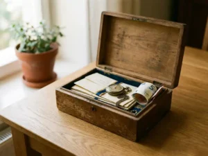 Verweerde houten sieradendoos met gevouwen documenten, vintage zakhorloge en eurobiljetten op een eikenhouten bureau.