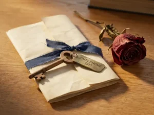 Verouderde houten huissleutel op gevouwen juridisch document naast verwelkte roos op eiken bureau, warm middaglicht.