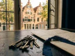 Oude messing huissleutels op een notarisbureau naast een erfenis document, met een Amsterdams grachtenpand zichtbaar door het raam.