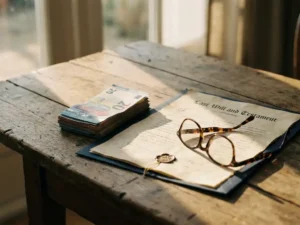 Stapel eurobiljetten naast een opengeslagen testament op een verweerde houten tafel, met een leesbril erop in warm middaglicht.