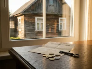 Verouderd houten familiehuis door een raam, met een testament, euromunten en een antieke sleutel op een eikenhouten tafel.