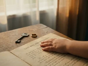 Klein kinderhands op een opengeslagen testament naast een huissleutel en gouden trouwring op een eiken tafel.