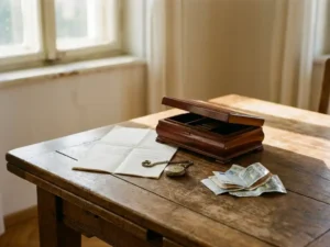 Verweerde eiken eettafel met open antieke sieradendoos, opgevouwen juridisch document, zakhorloge en eurobiljetten in warm middaglicht.