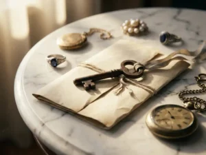 Verouderde houten huissleutel op een testament, omringd door erfstuk sieraden en een vintage zakhorloge op marmeren ondergrond.