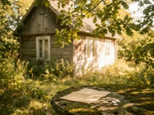 Verouderd houten familiehuis in zonnige tuin met gevouwen juridisch document en euromuten op stenen tuintafel op de voorgrond.
