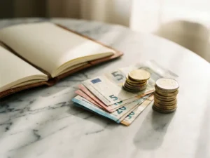 Gestapelde euromuntjes en gevouwen bankbiljetten op wit marmeren bureau naast een open leren notitieboekje, zacht natuurlijk licht.