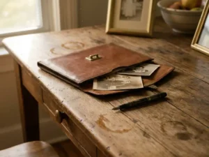 Verouderde houten eettafel met opengeslagen vintage leren documentmap, antieke vulpen en gedeeltelijk zichtbare familiefoto's in zacht middaglicht.
