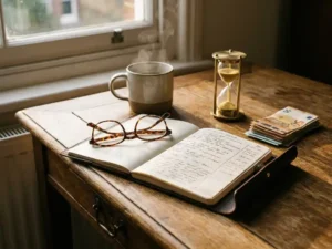 Verweerde eiken bureau met dampende koffie, leesbril op opengeslagen notitieboek met financiële aantekeningen, zandloper en eurobiljetten in warm ochtendlicht.